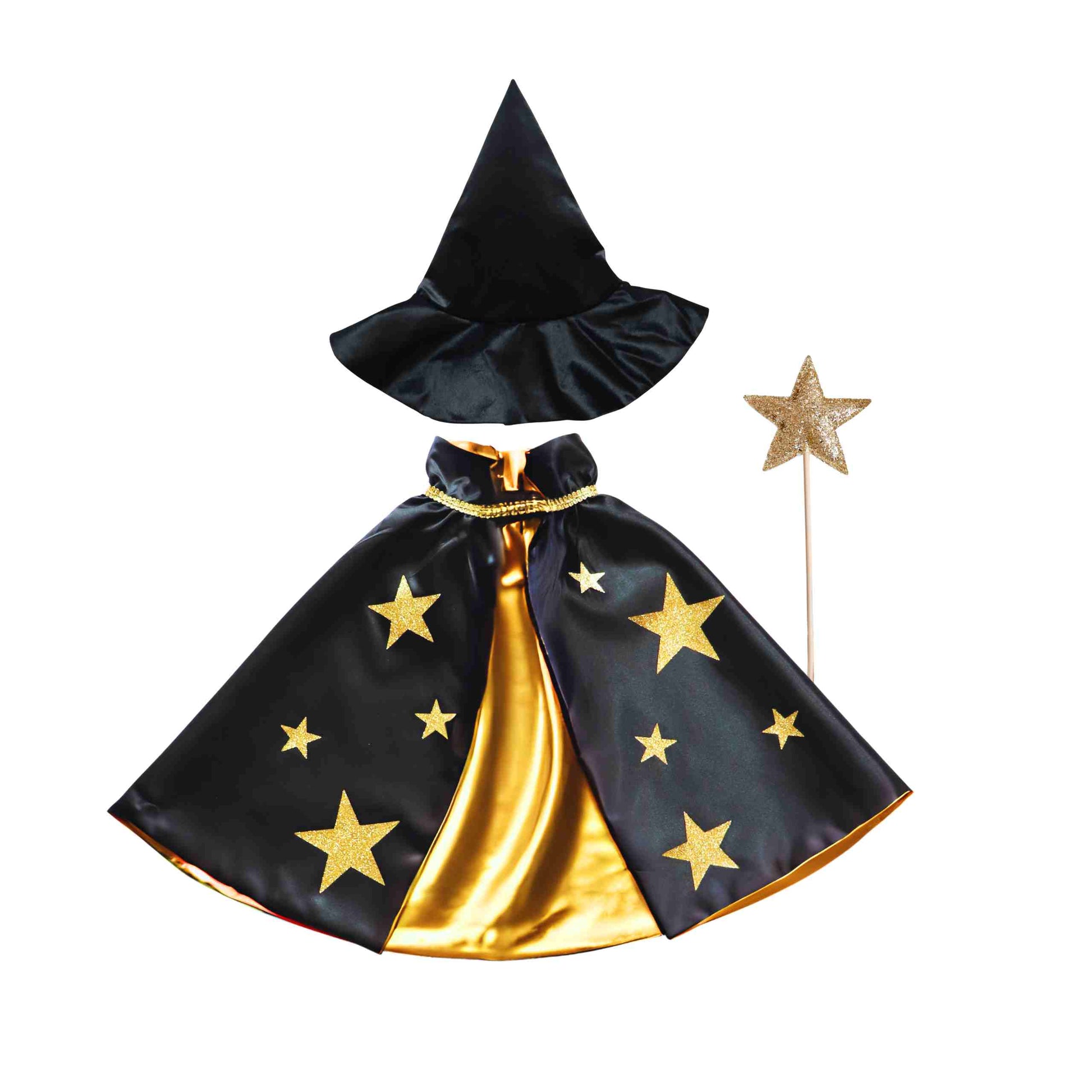 a black cape with gold stars on it