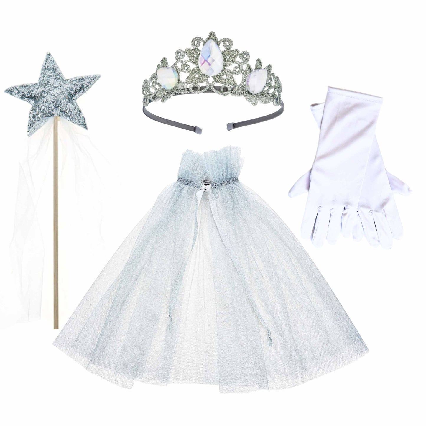 a tiara, gloves, gloves, and a wand on a white background