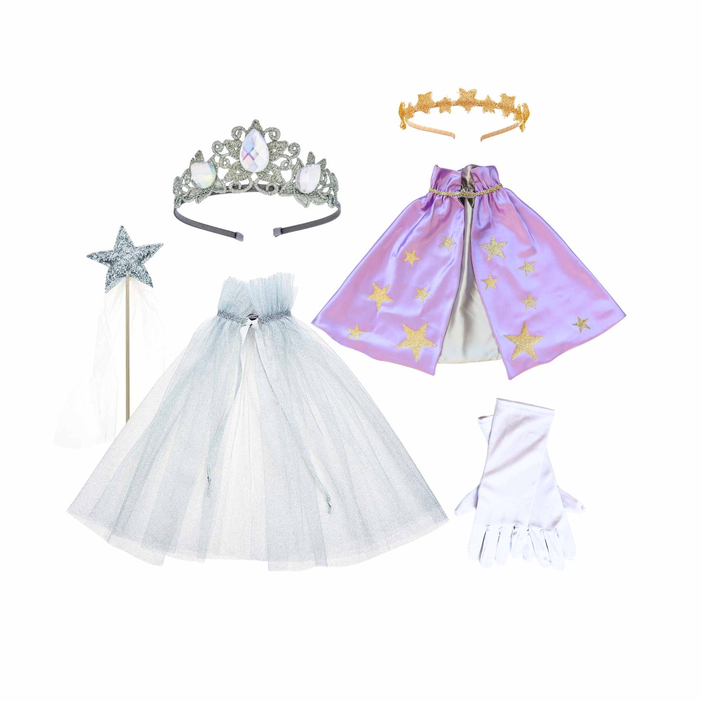 a princess dress and tiara with gloves and gloves