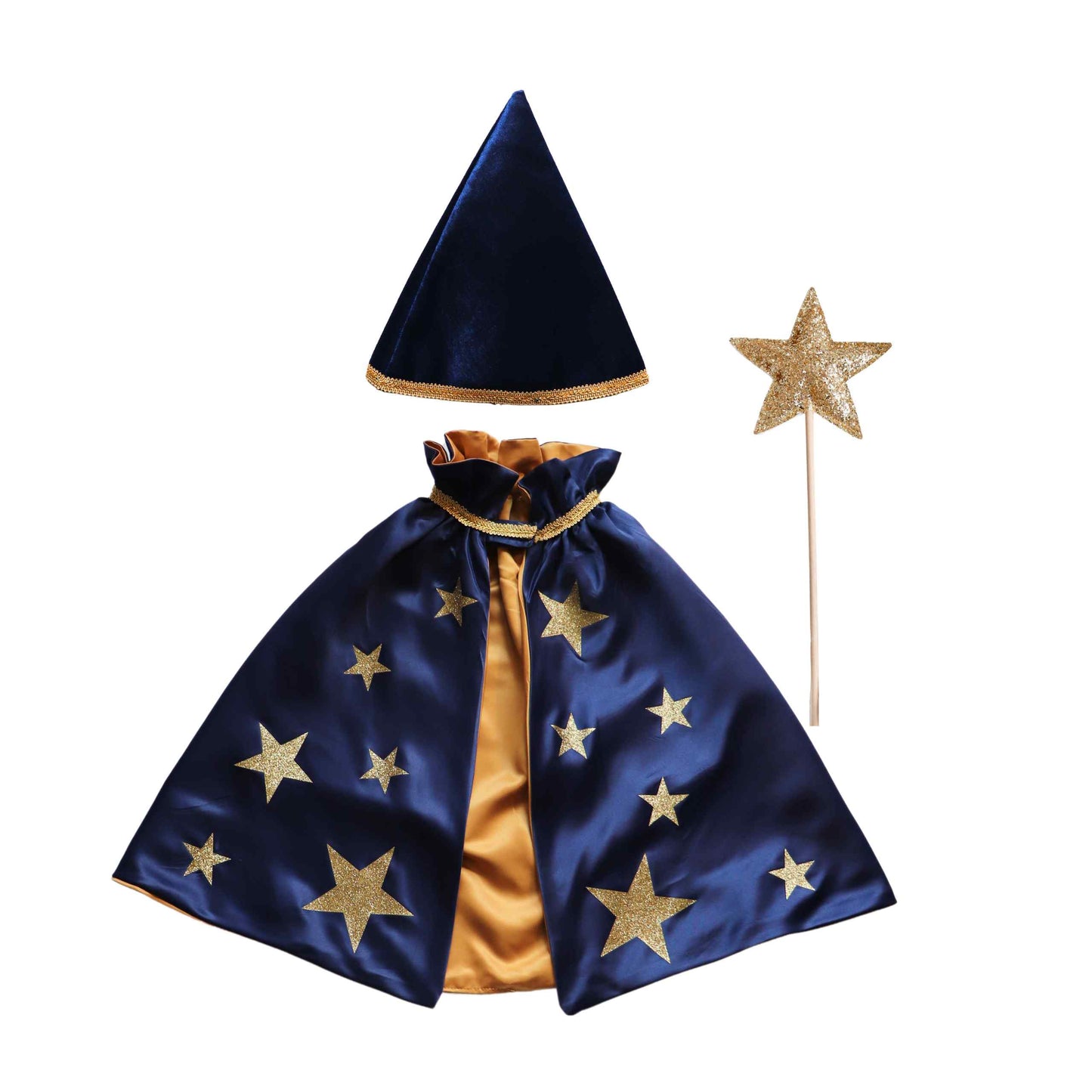 a blue cape with gold stars on it