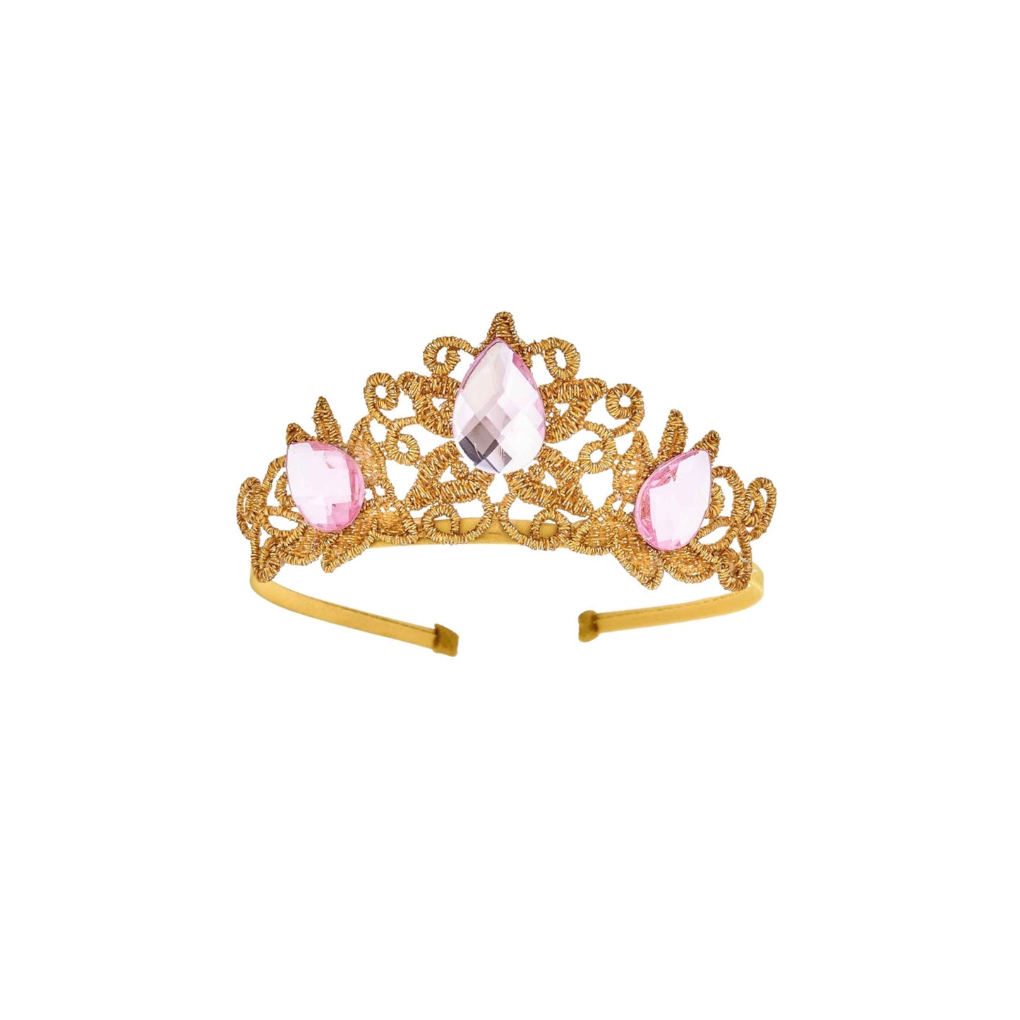 a gold tiara with pink stones on a white background