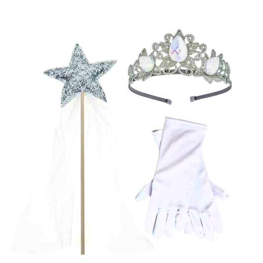 a tiara, gloves, and a wand on a white background