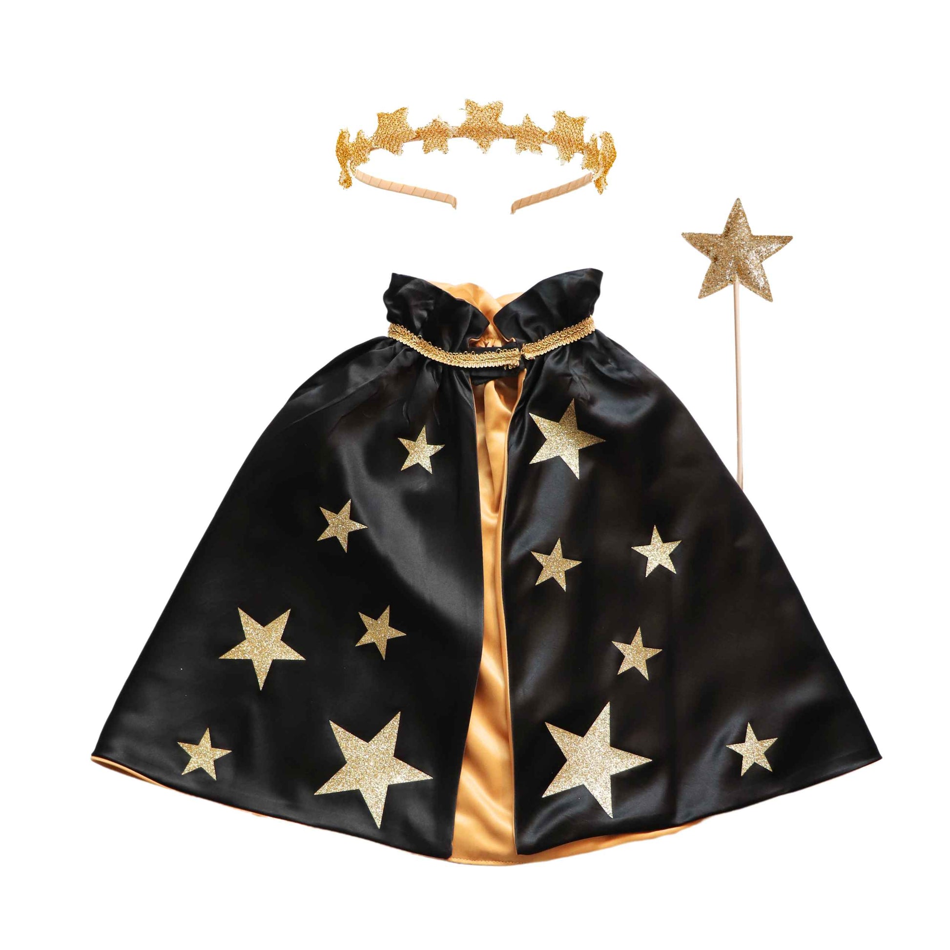 a black cape with gold stars on it