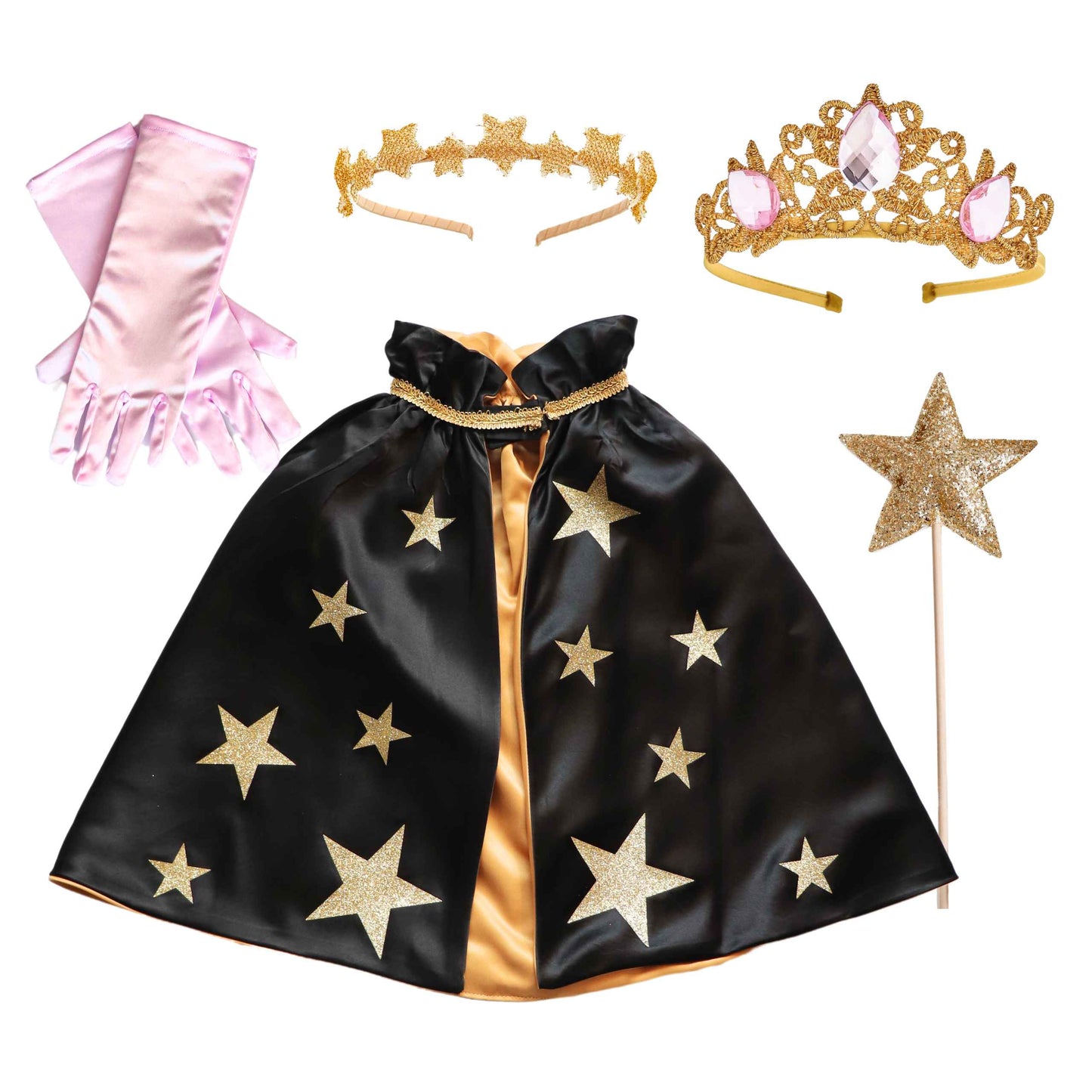 a black cape with gold stars and a tiara