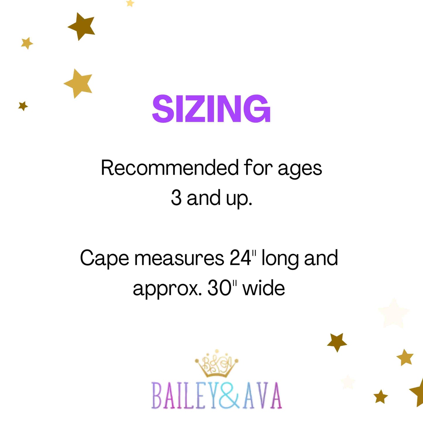 a white background with gold stars and the words sizing recommended for ages 3 and