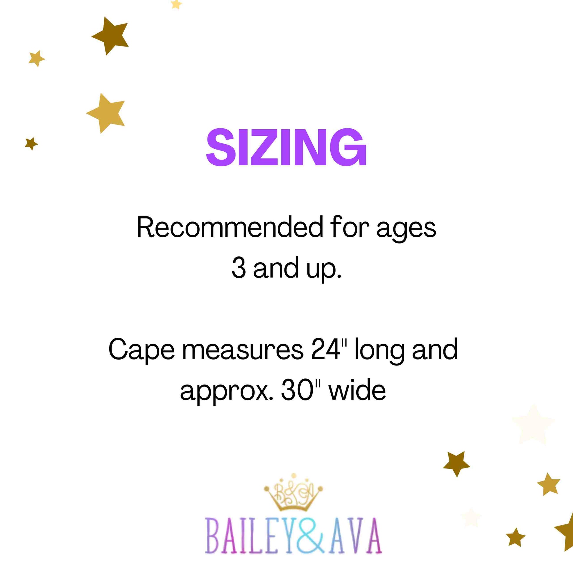 a white background with gold stars and the words sizing recommended for ages 3 and